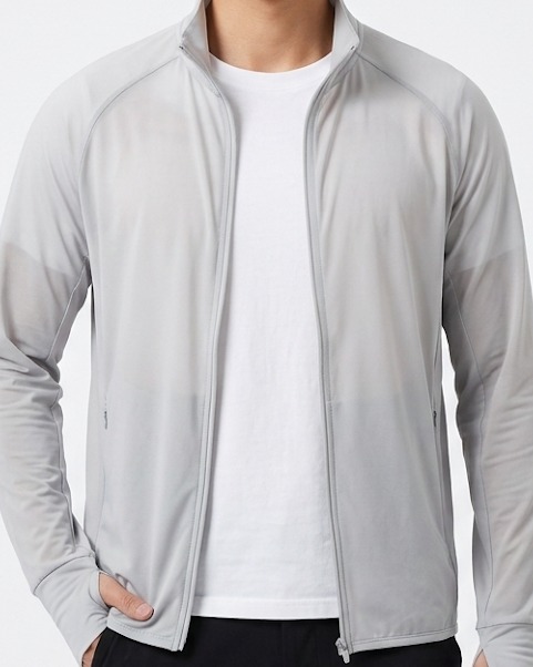 Mist stand-collar UV jacket over a white tee — thin single layer